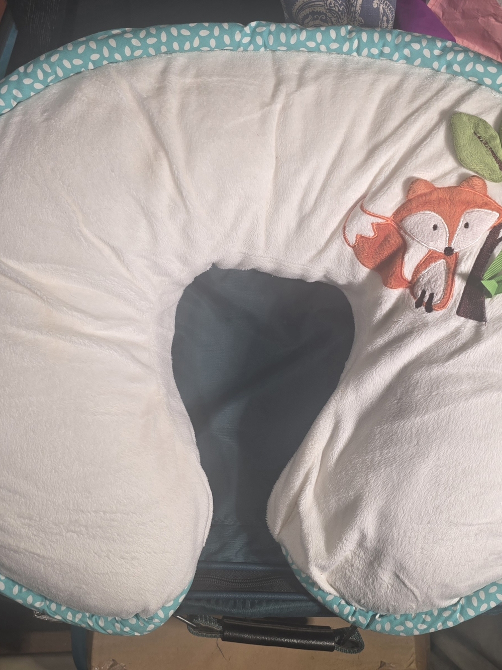 Boppy White Nursing Pillow with Teal Trim and Orange Fox Accent